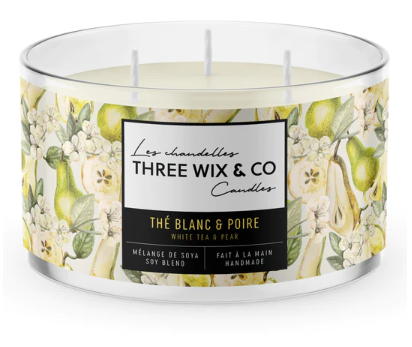 Chandelle de soya 3 mèches - Poire blanche et Thé Vert - Three Wix & Co